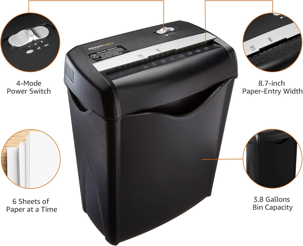 Amazon Basics 6-Sheet Cross-Cut Paper and Credit Card Shredder with 3.8 Gallon Bin, Shreds Staples, Black