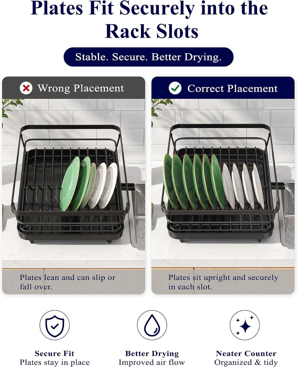 Kitsure Dish Drying Rack for Kitchen Counter, 12''W x 15.5''L, Black