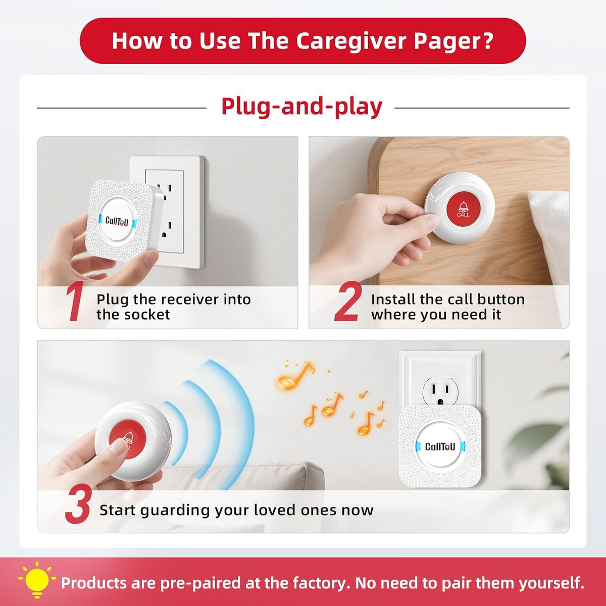 CallToU Caregiver Pager with 2 Wireless Call Button for Elderly at Home