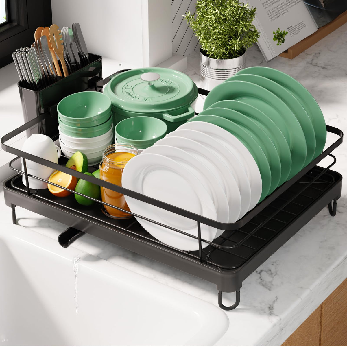 Kitsure Dish Drying Rack for Kitchen Counter, 12''W x 15.5''L, Black