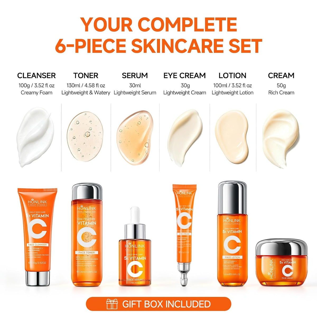 Vitamin C Niacinamide Skincare Set, Daily Facial Care Routine with 6-Piece