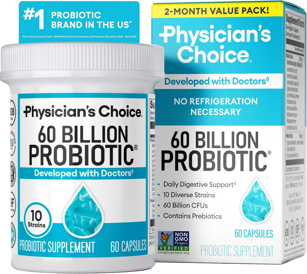 Physician's CHOICE Probiotics 60 Billion CFU - 10 Strains + Organic Prebiotics - Immune, Digestive & Gut Health - Supports Occasional Constipation, Diarrhea, Gas & Bloating - for Women & Men - 60ct
