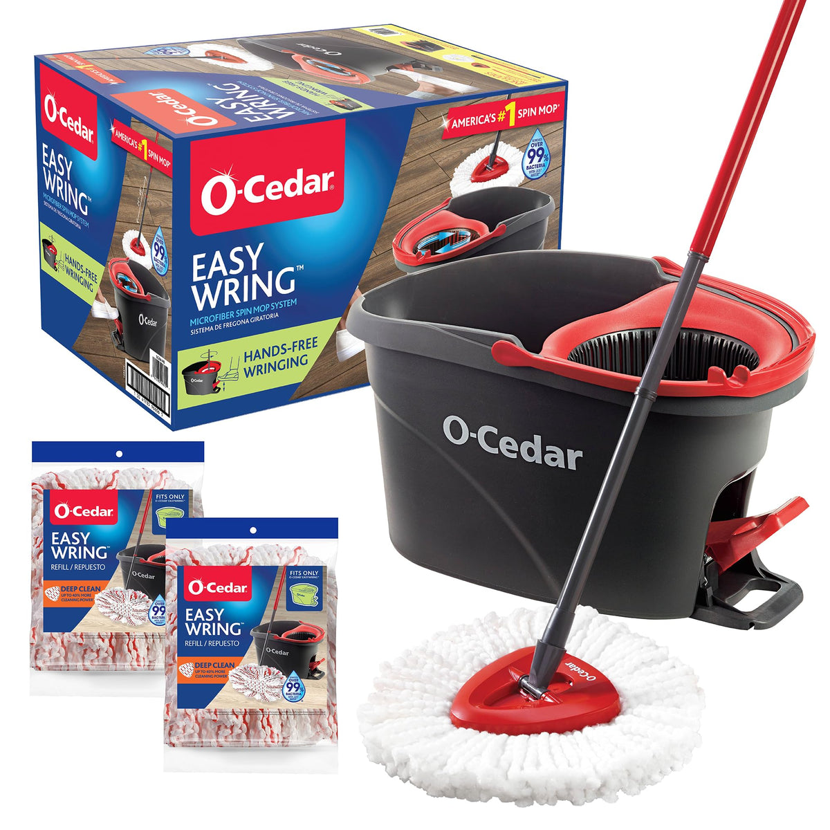 O-Cedar EasyWring Microfiber Spin Mop, Bucket Floor Cleaning System, Red, Gray, Standard