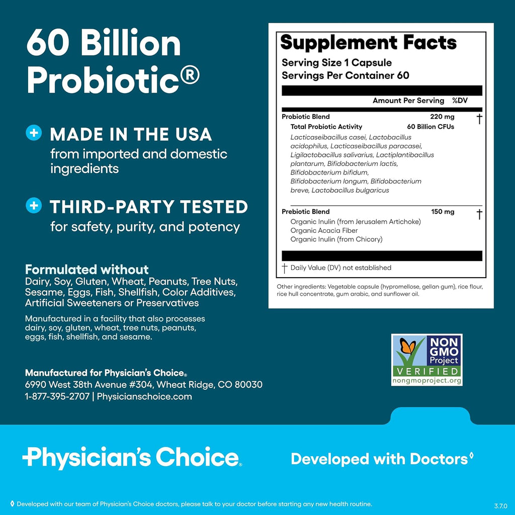Physician's CHOICE Probiotics 60 Billion CFU - 10 Strains + Organic Prebiotics - Immune, Digestive & Gut Health - Supports Occasional Constipation, Diarrhea, Gas & Bloating - for Women & Men - 60ct