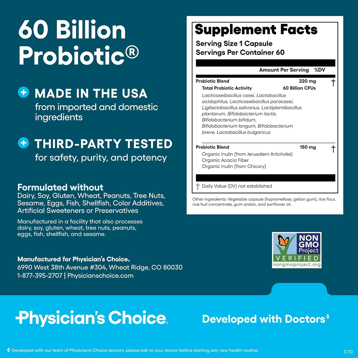Physician's CHOICE Probiotics 60 Billion CFU - 10 Strains + Organic Prebiotics - Immune, Digestive & Gut Health - Supports Occasional Constipation, Diarrhea, Gas & Bloating - for Women & Men - 60ct