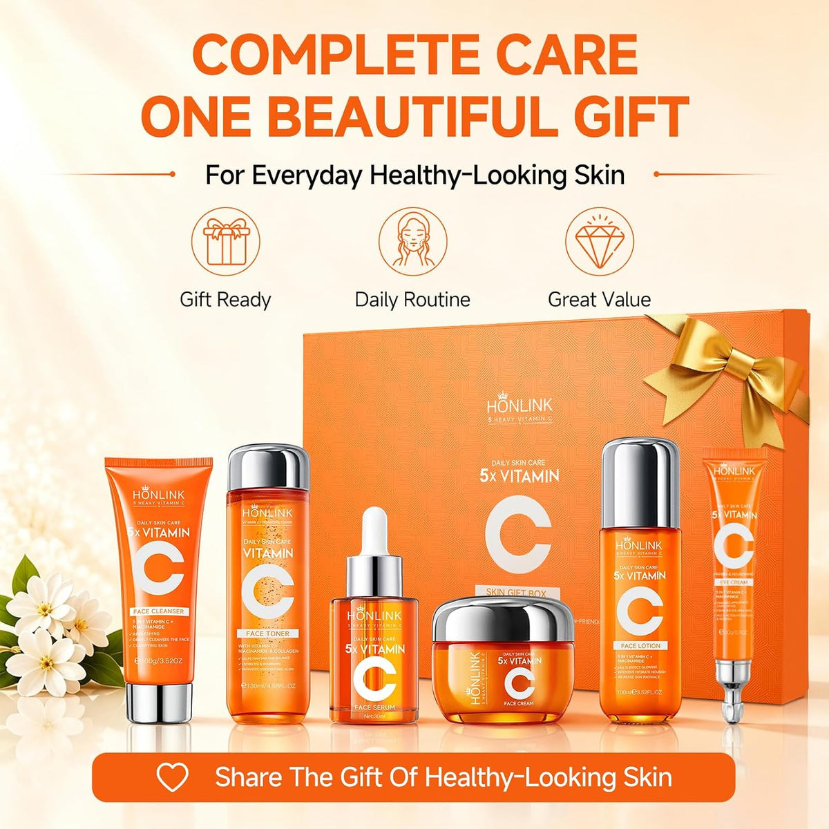 Vitamin C Niacinamide Skincare Set, Daily Facial Care Routine with 6-Piece