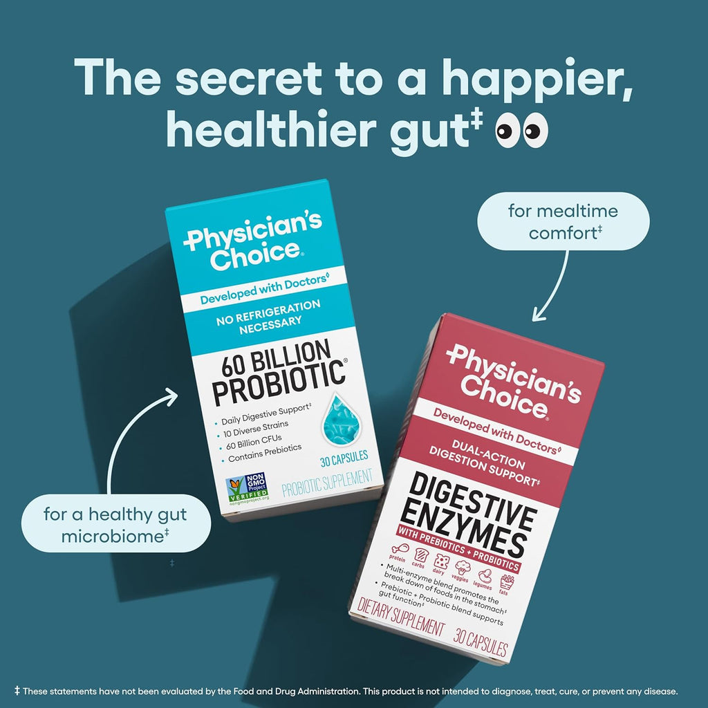 Physician's CHOICE Probiotics 60 Billion CFU - 10 Strains + Organic Prebiotics - Immune, Digestive & Gut Health - Supports Occasional Constipation, Diarrhea, Gas & Bloating - for Women & Men - 60ct