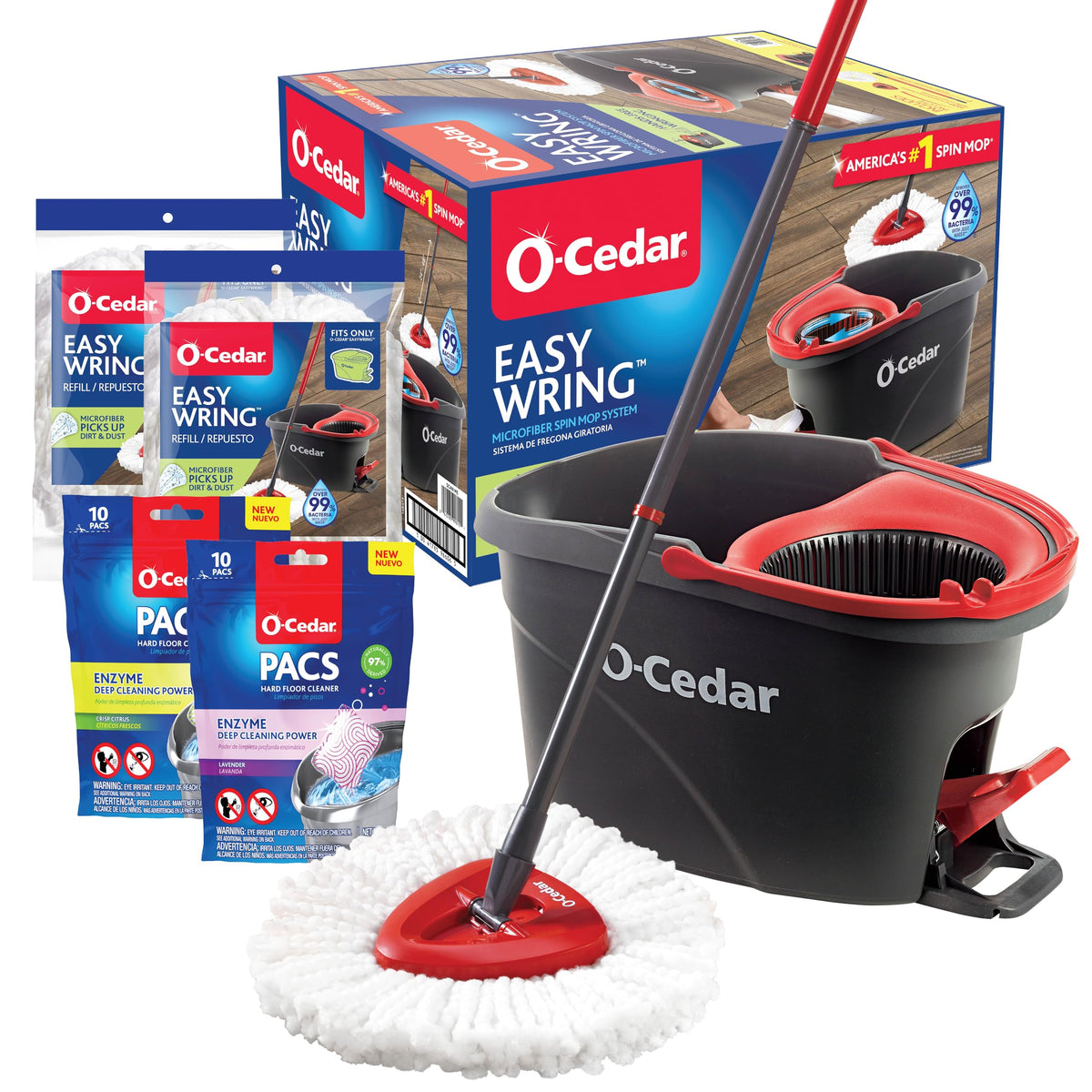 O-Cedar EasyWring Microfiber Spin Mop, Bucket Floor Cleaning System, Red, Gray, Standard