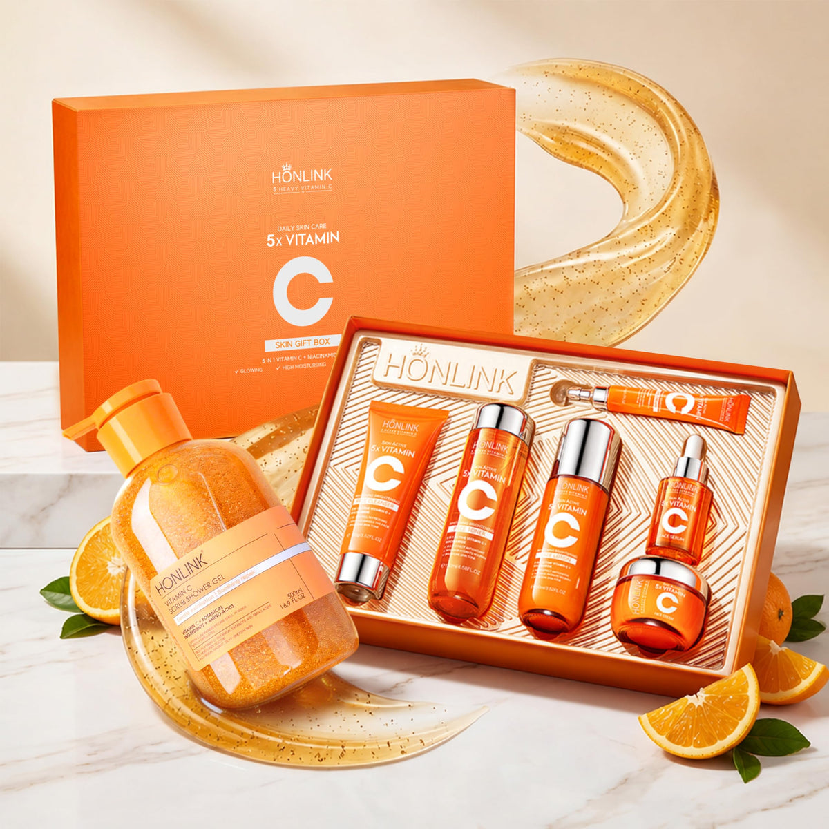 Vitamin C Niacinamide Skincare Set, Daily Facial Care Routine with 6-Piece